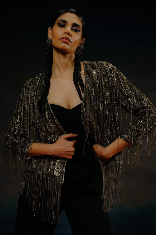 Gold Silk Georgette Embellished Jacket
