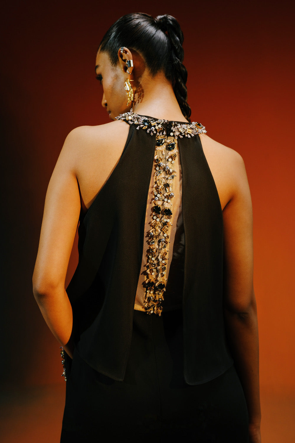 Black Crepe & Net Jumpsuit With Embellished Back