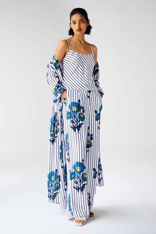 White Blue Printed Co-ord Set