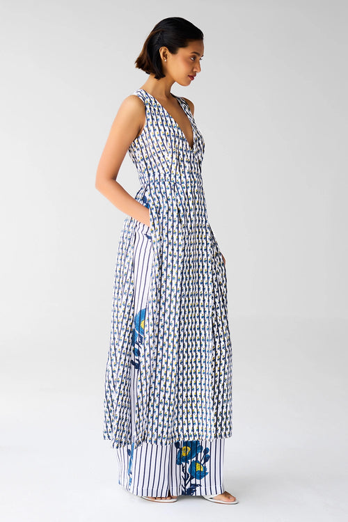 White Blue Overlap Dress And Trouser Set