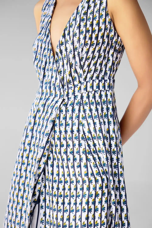 White Blue Overlap Dress And Trouser Set