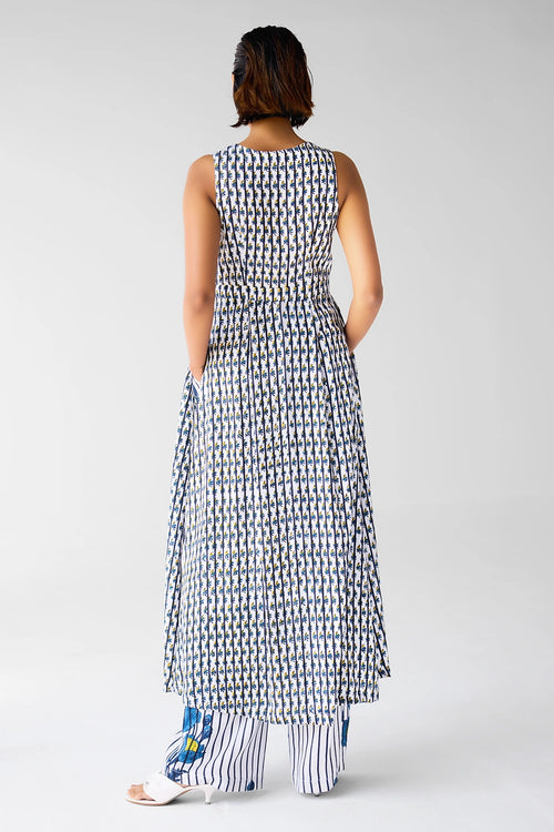 White Blue Overlap Dress And Trouser Set