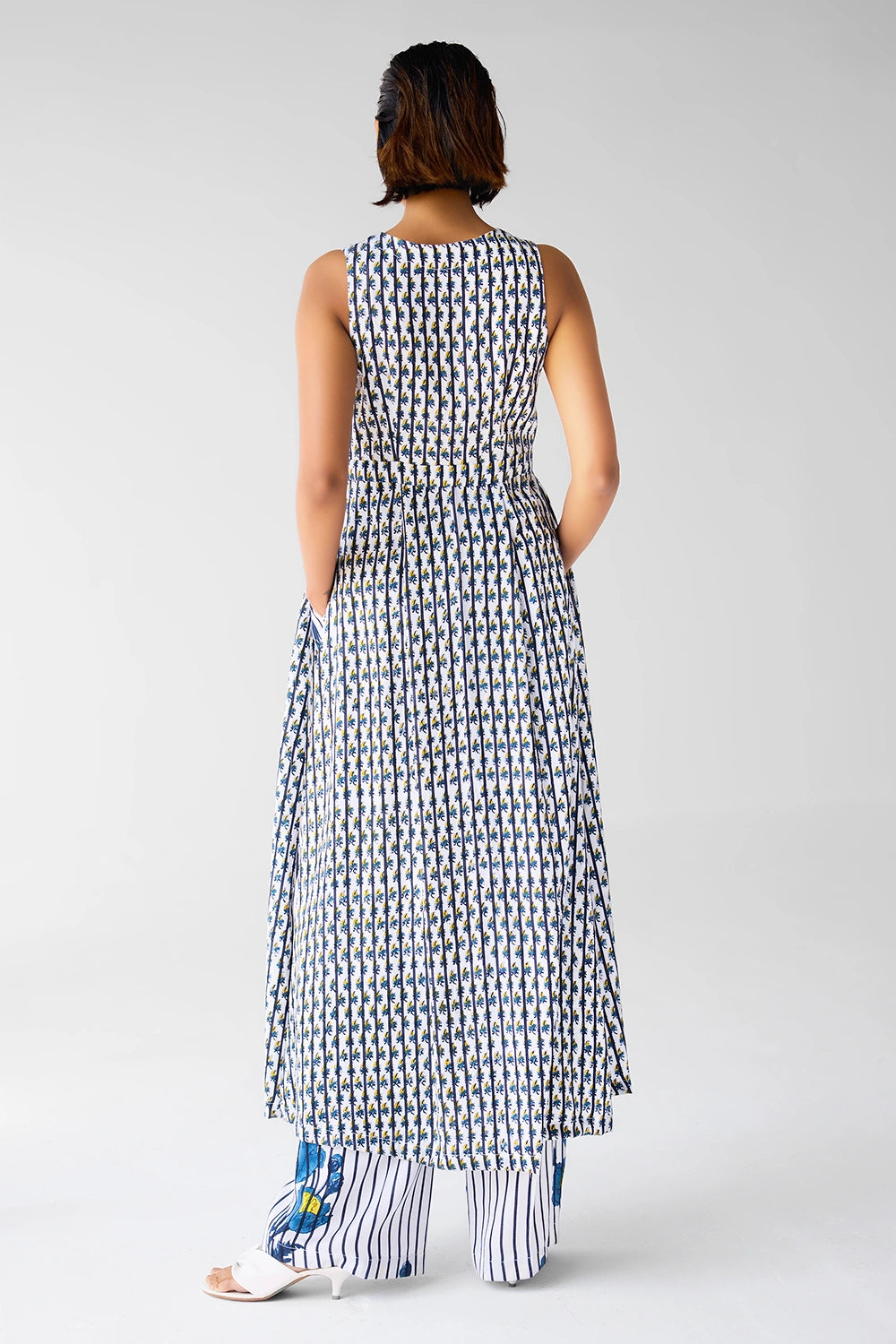 White Blue Overlap Dress And Trouser Set