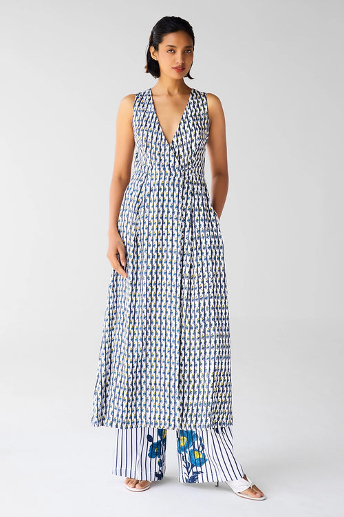 White Blue Overlap Dress And Trouser Set