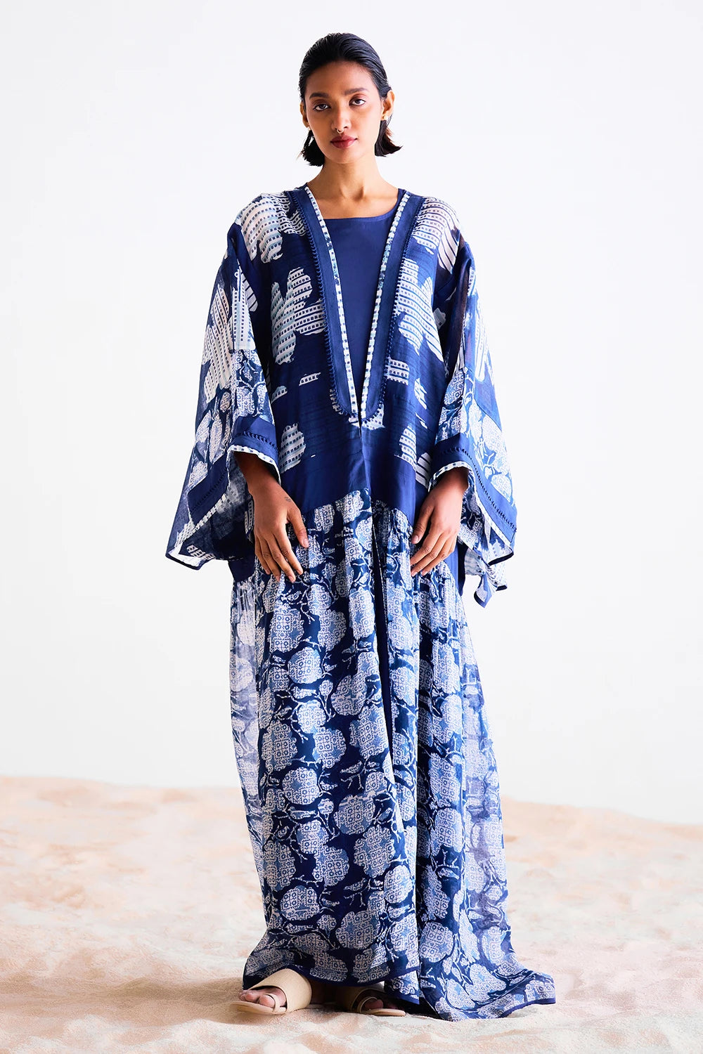 Indigo Block Printed Kimono Dress