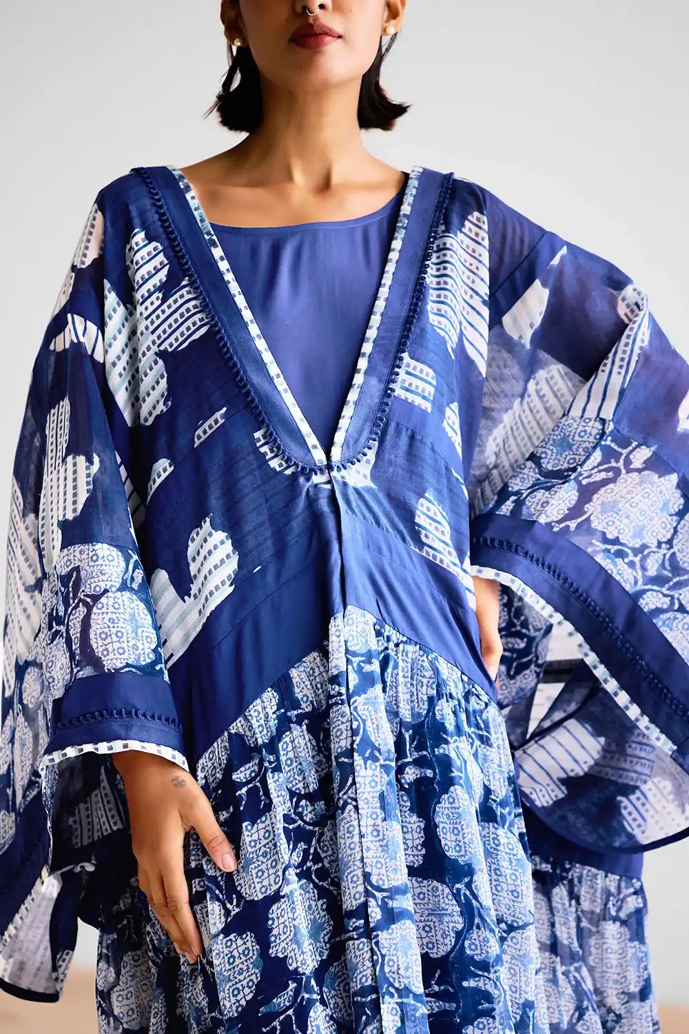 Indigo Block Printed Kimono Dress