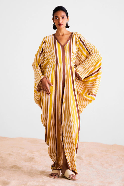 Brown Block Printed Kaftan Dress