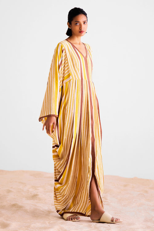 Brown Block Printed Kaftan Dress