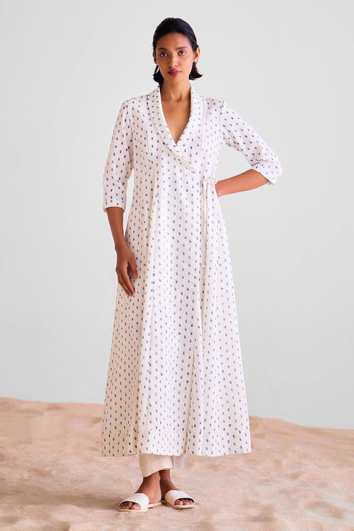 White Block Printed Angrakha Set