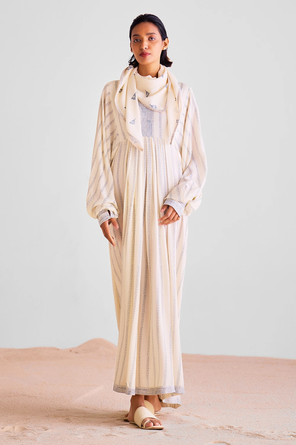 Off White Pleated Kaftan Dress