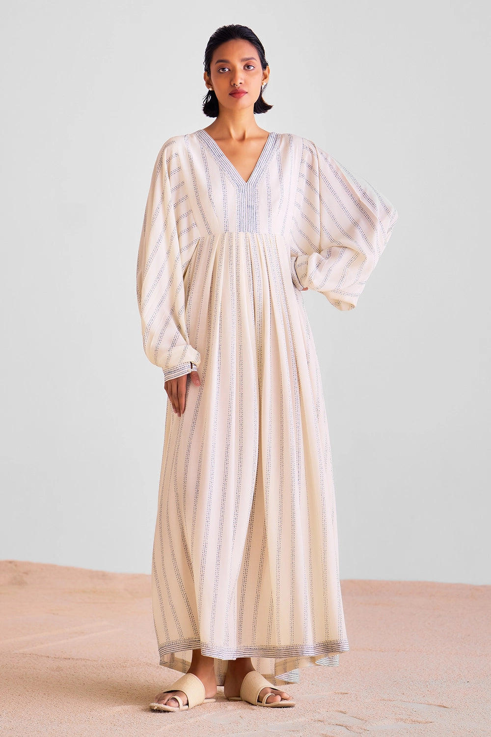 Off White Pleated Kaftan Dress