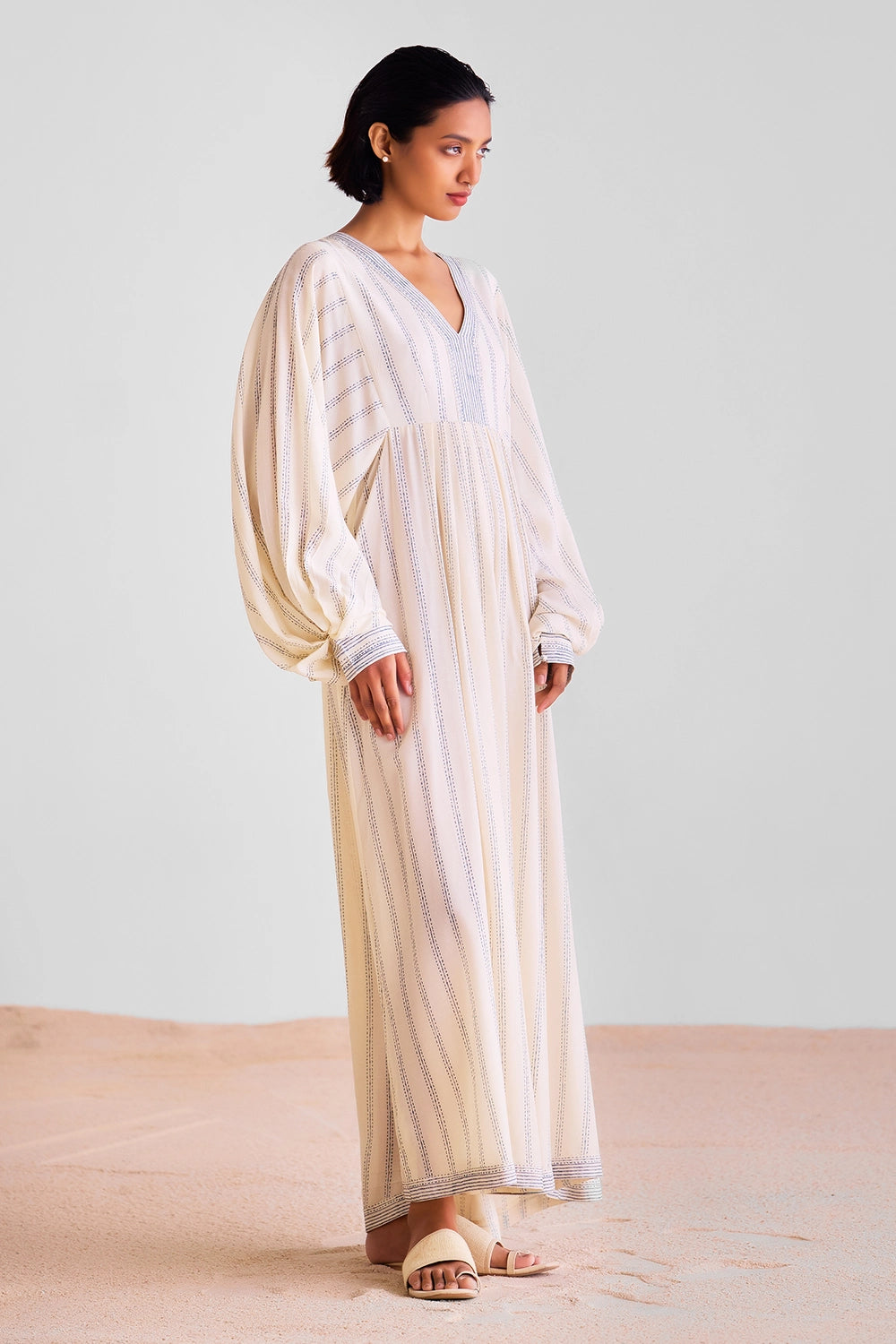 Off White Pleated Kaftan Dress