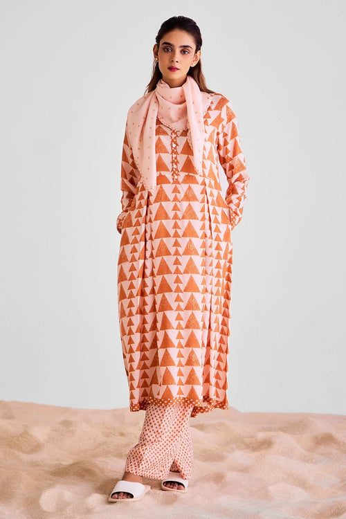 Peach Orange Kurta Set With Scarf