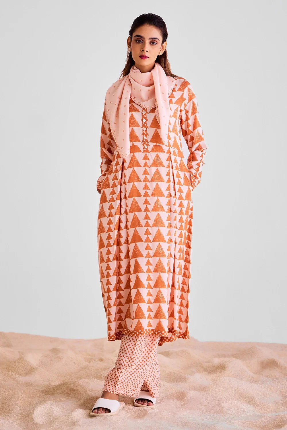 Peach Orange Kurta Set With Scarf
