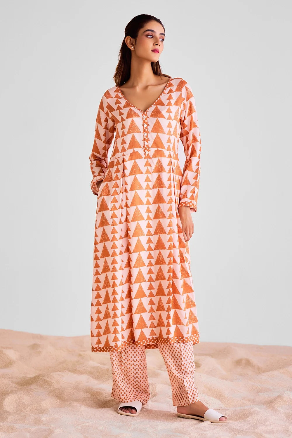 Peach Orange Kurta Set With Scarf