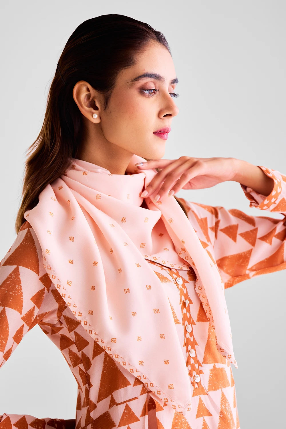 Peach Orange Kurta Set With Scarf