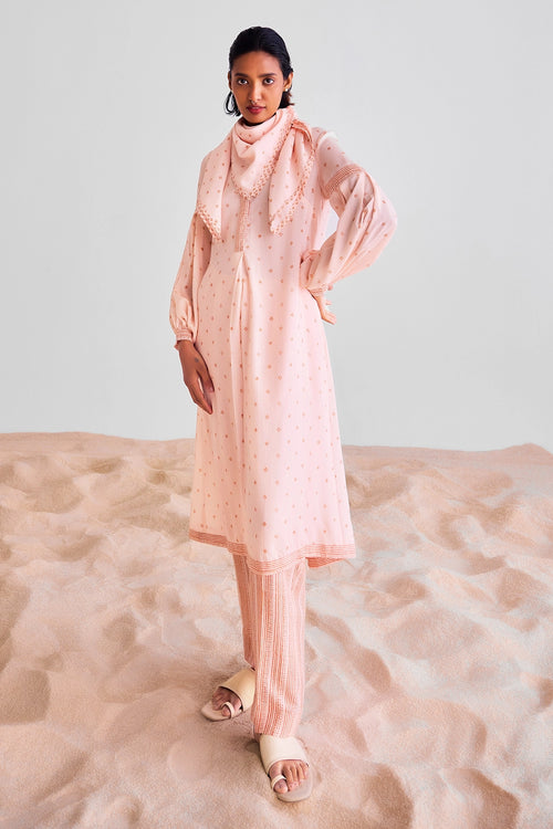 Peach Pink Kurta Set With Scarf
