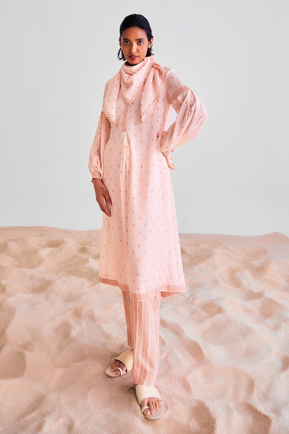 Peach Pink Kurta Set With Scarf