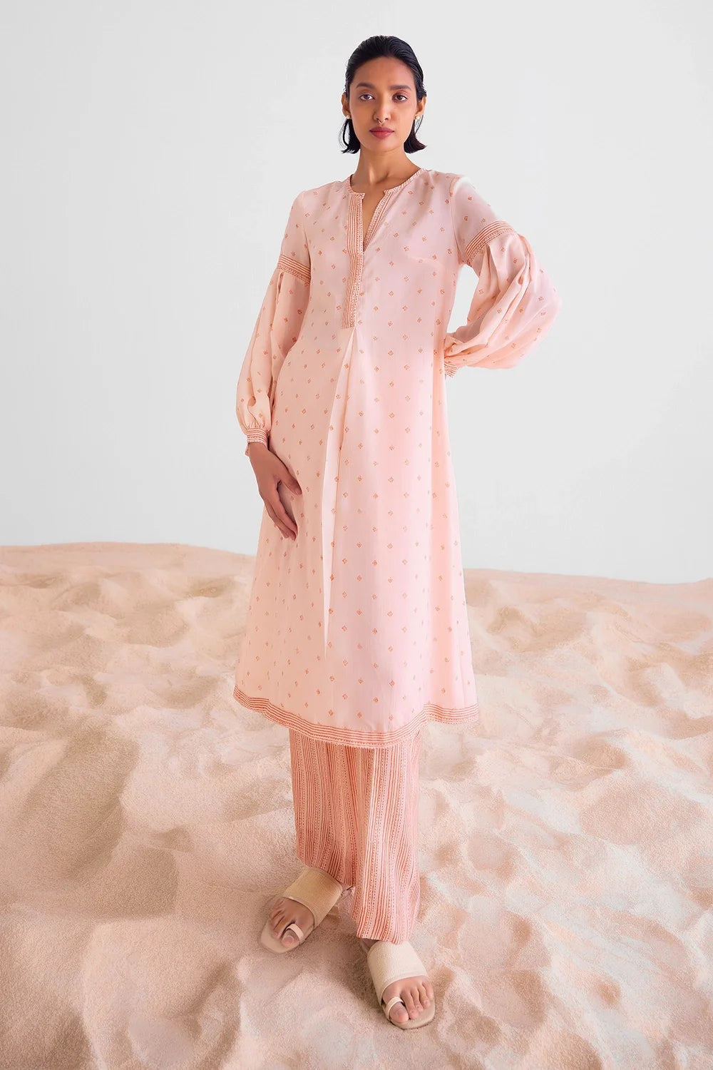 Peach Pink Kurta Set With Scarf