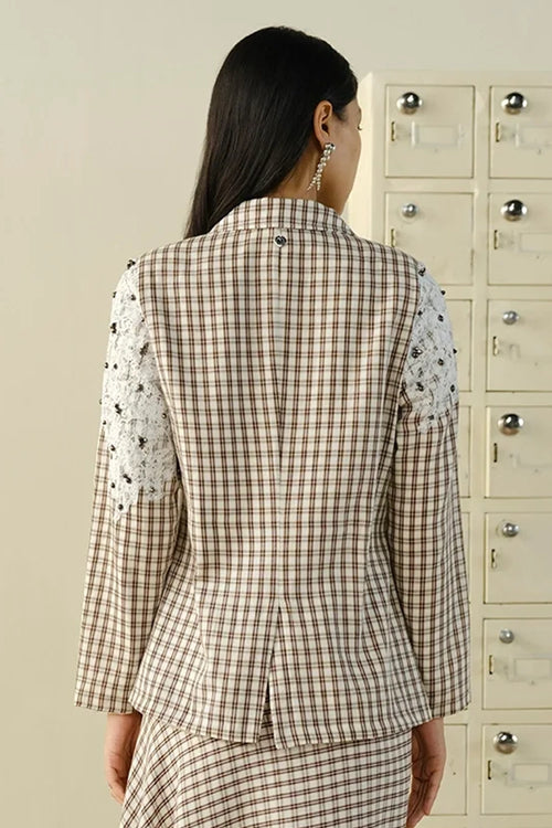 Beige Check Embellished Blazer