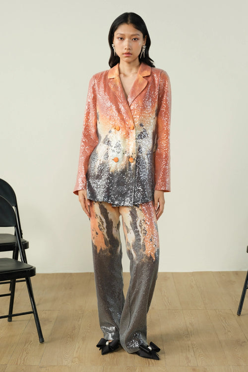 Printed Sequin Sheeted Orange Pants