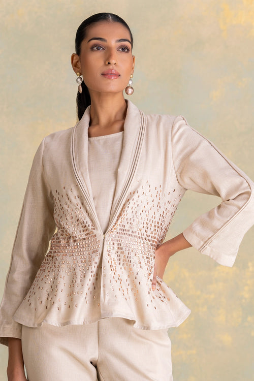 Crystal Rain Natural Peplum Jacket Set With Pants