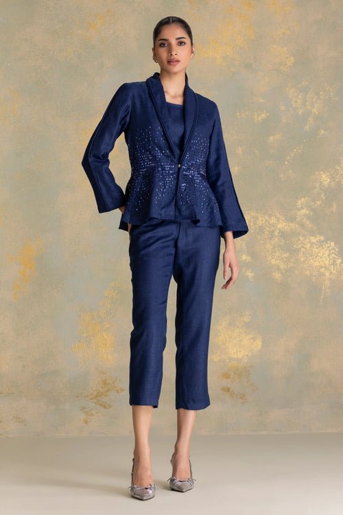Crystal Rain Navy Peplum Jacket Set With Pants