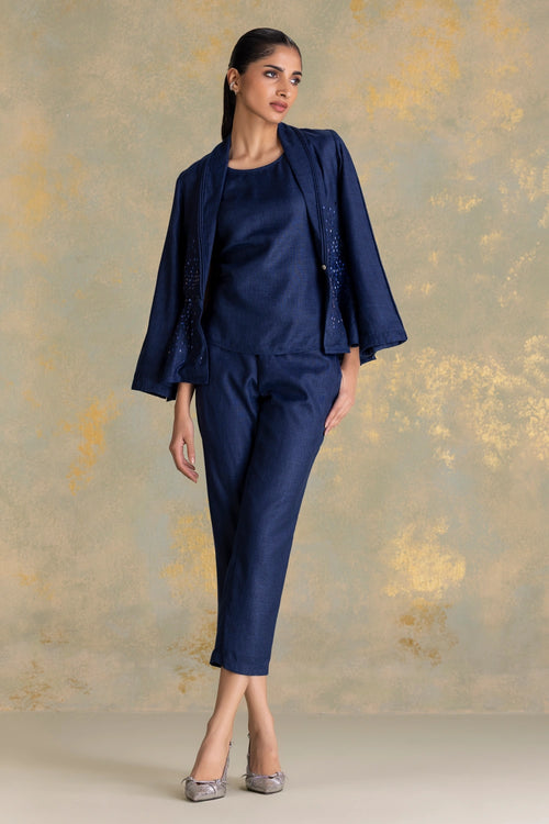 Crystal Rain Navy Peplum Jacket Set With Pants
