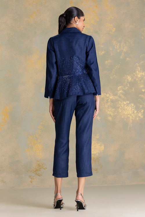 Crystal Rain Navy Peplum Jacket Set With Pants