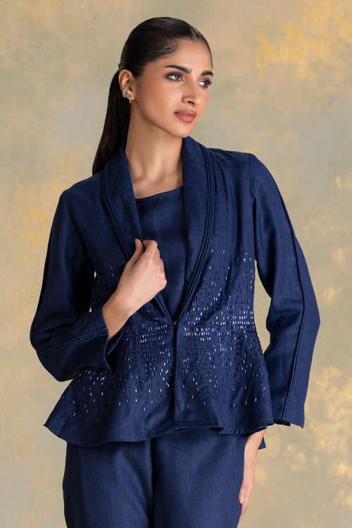 Crystal Rain Navy Peplum Jacket Set With Pants
