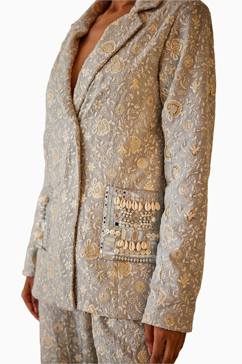 Powder Blue Chikankari Coat with Straight Pants Set