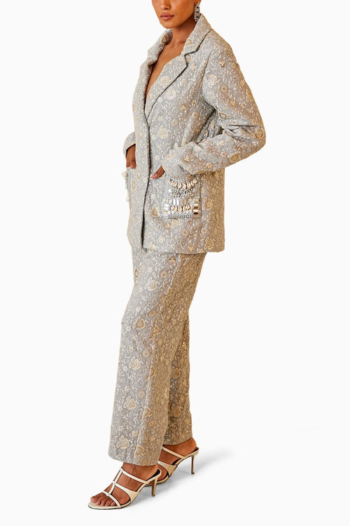 Powder Blue Chikankari Coat with Straight Pants Set