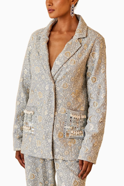 Powder Blue Chikankari Coat with Straight Pants Set