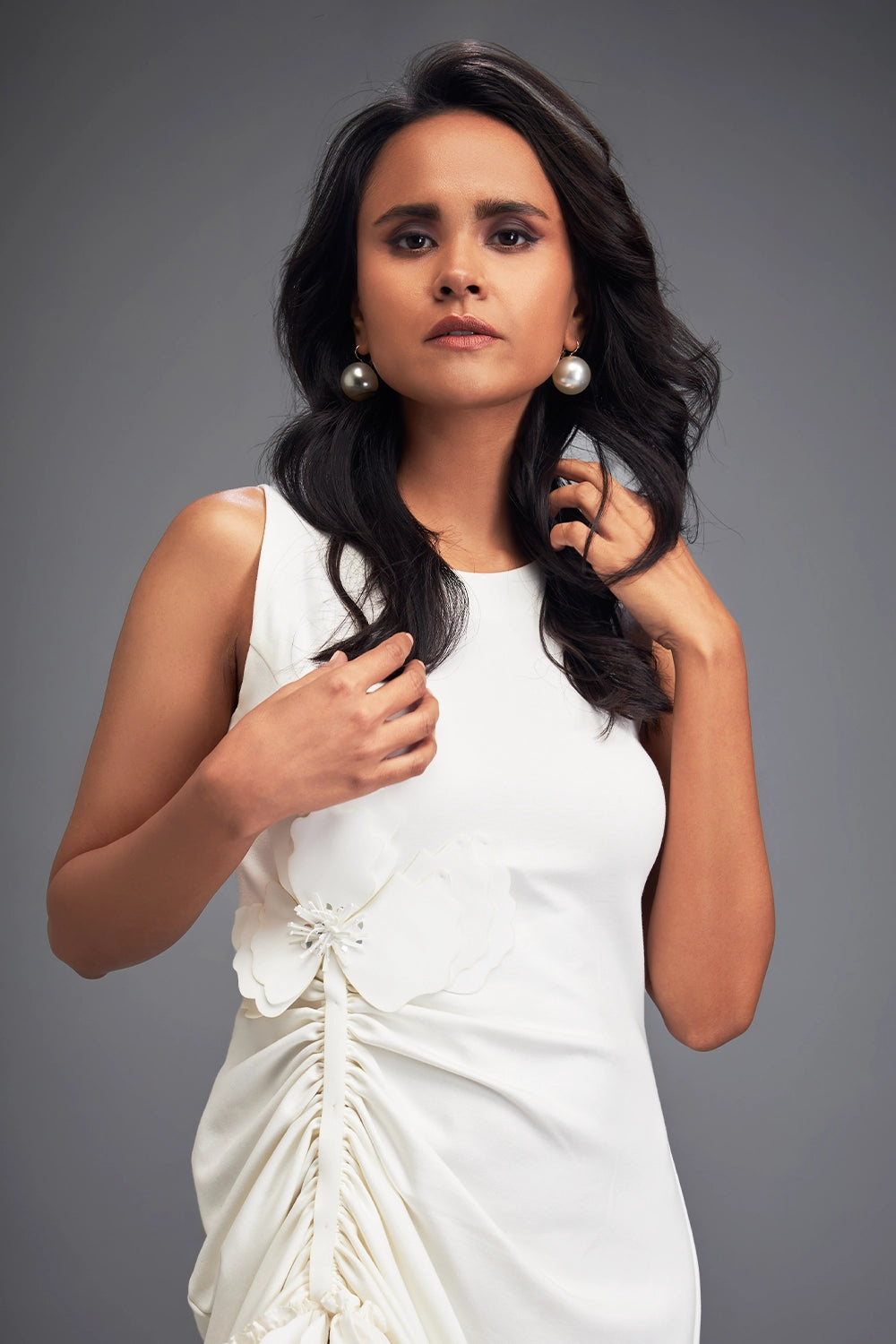 White Ruched Detailing Dress