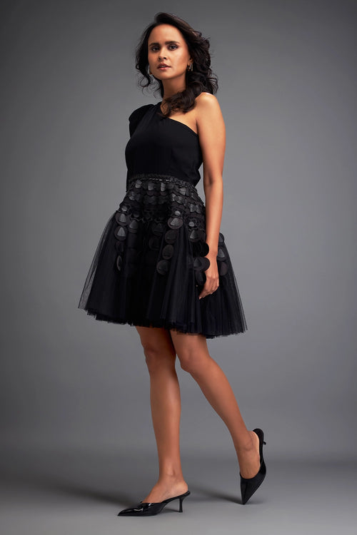 Black One Shoulder Dress with Tulle Skirt