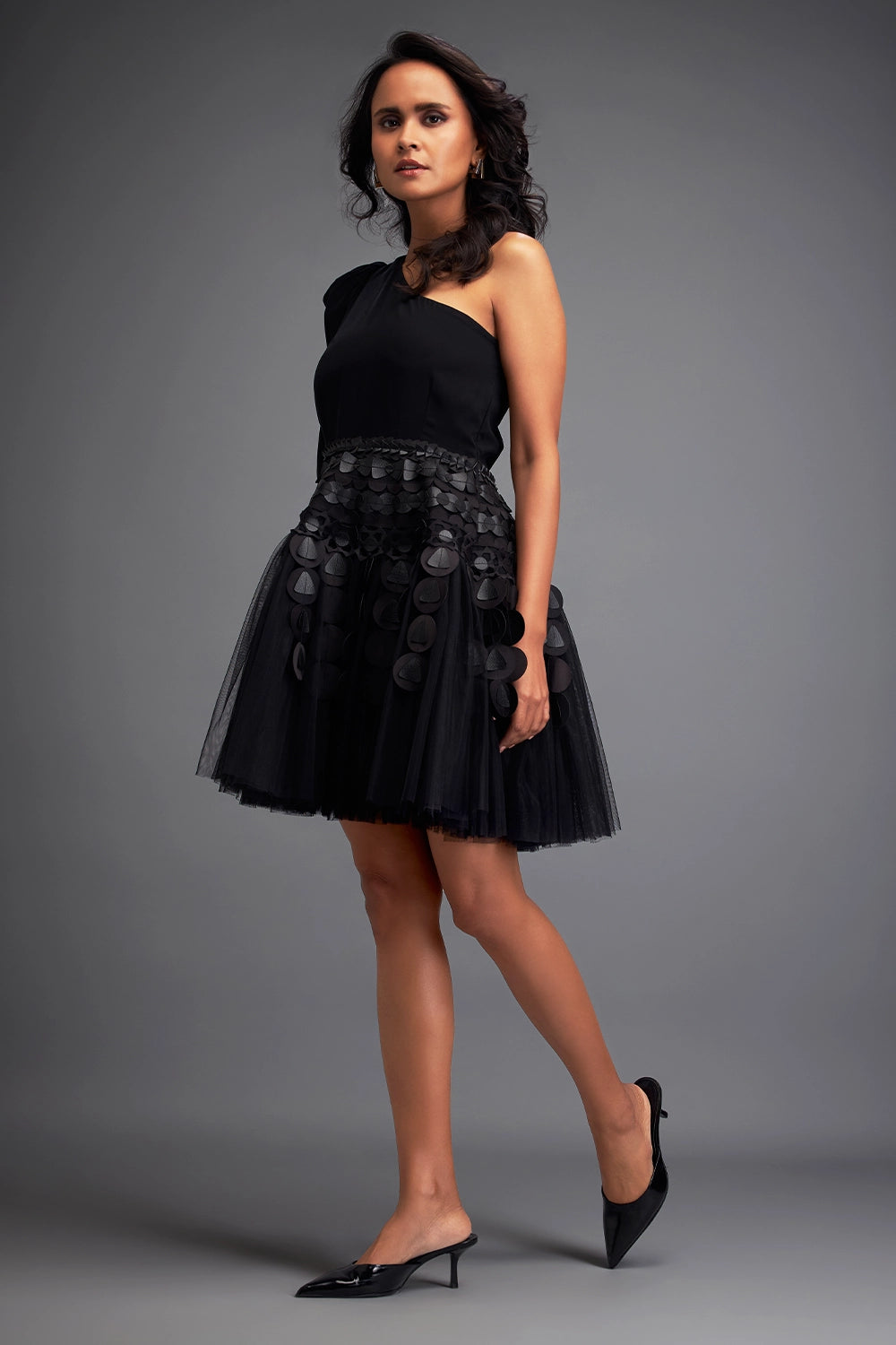 Black One Shoulder Dress with Tulle Skirt