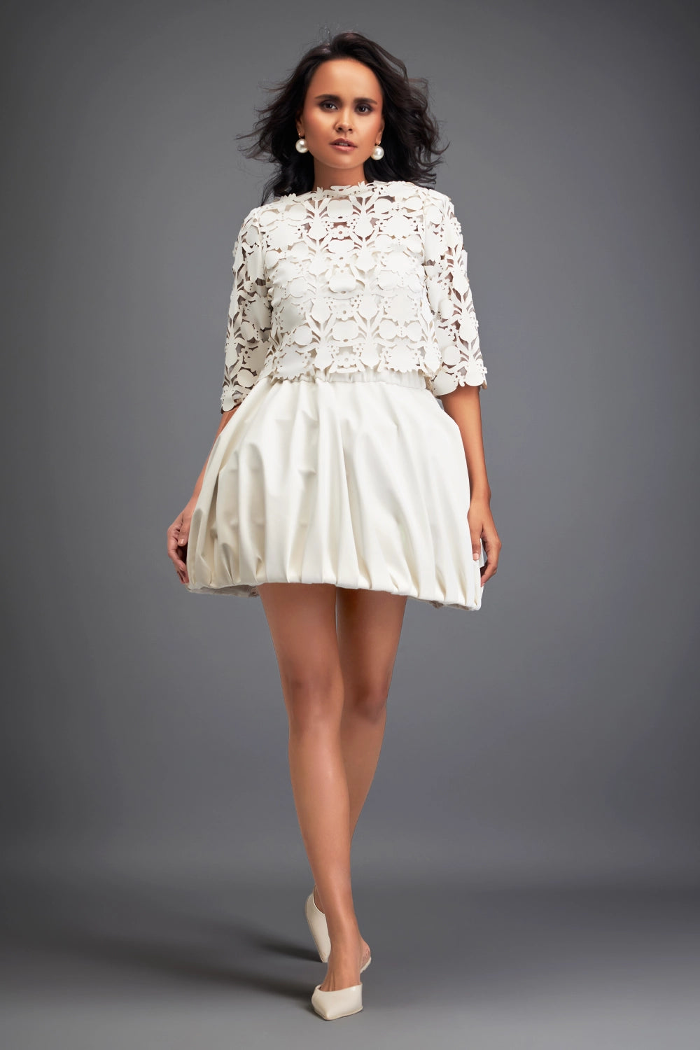 White Floral Cut Crop Top with Bubble Bottom