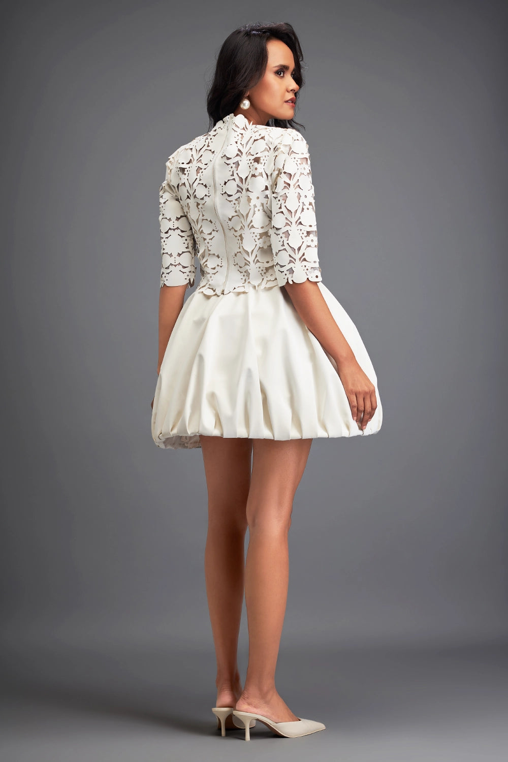 White Floral Cut Crop Top with Bubble Bottom