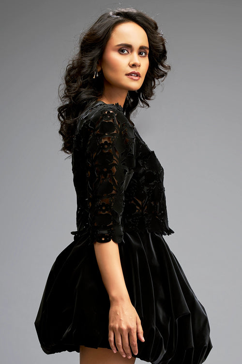 Black Floral Cut Crop Top with Bubble Bottom