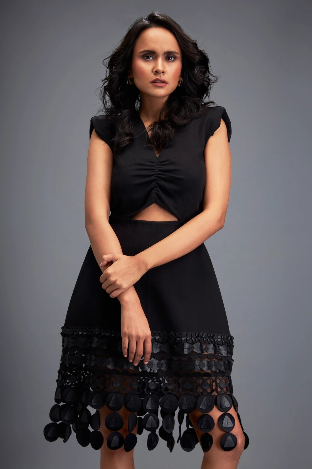 Black Drop Shoulder Dress with Cutout Detailing