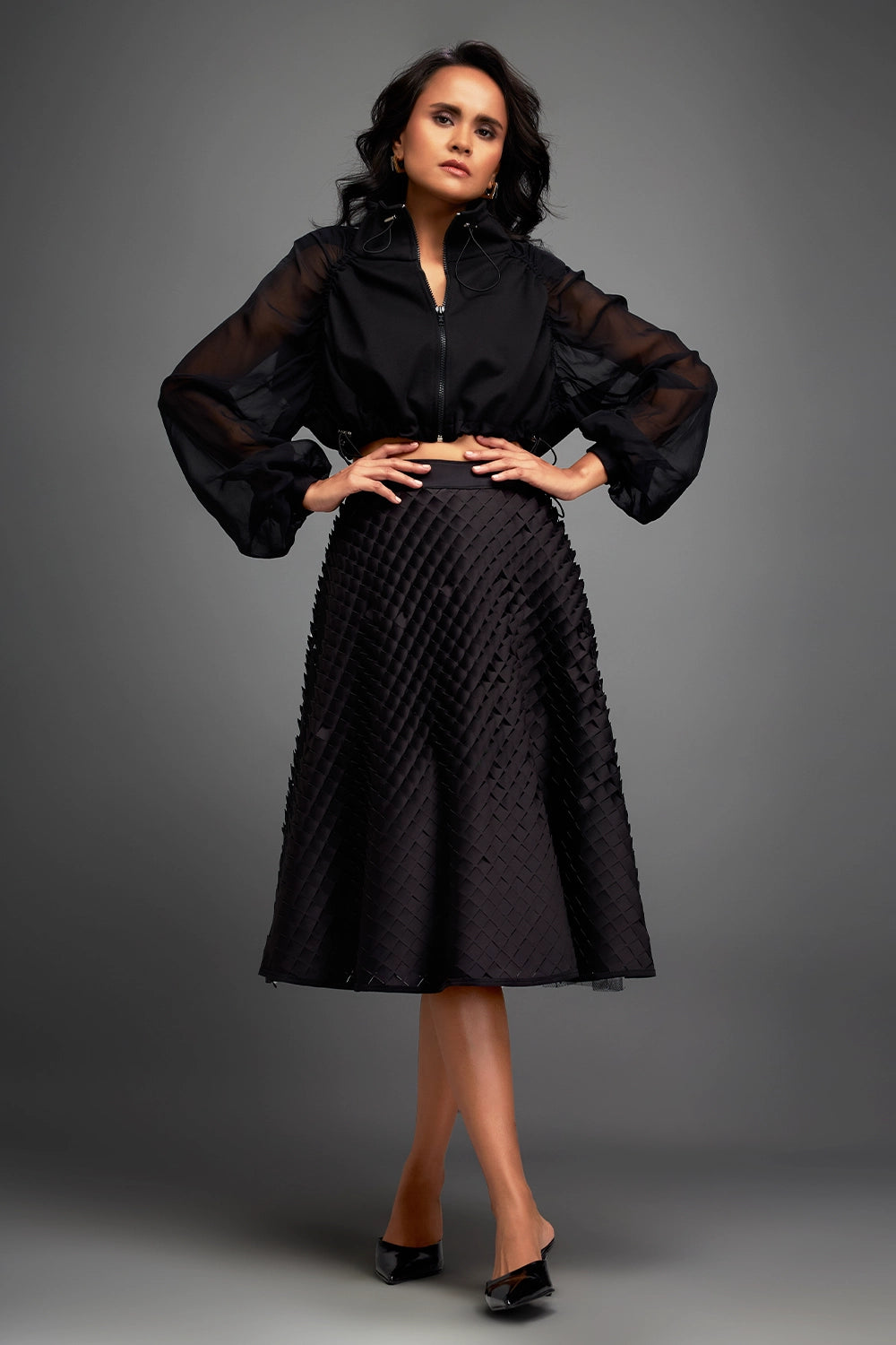 Black Cropped Jacket with 3D Textured A line Skirt