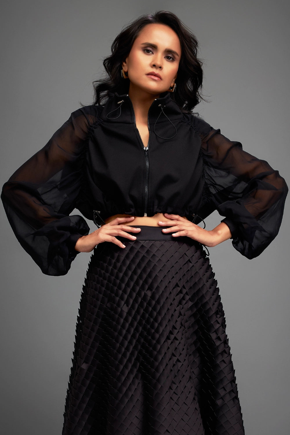 Cropped Bomber Black Jacket with Sheer Sleeves