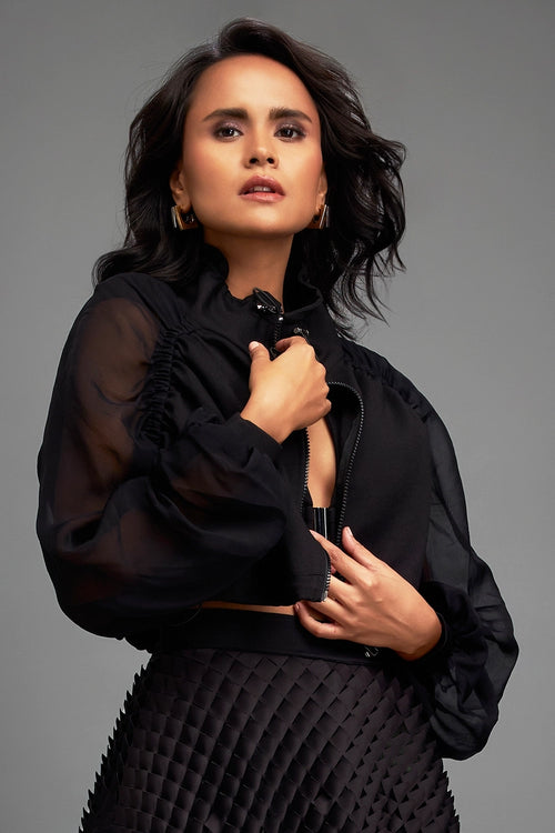Cropped Bomber Black Jacket with Sheer Sleeves