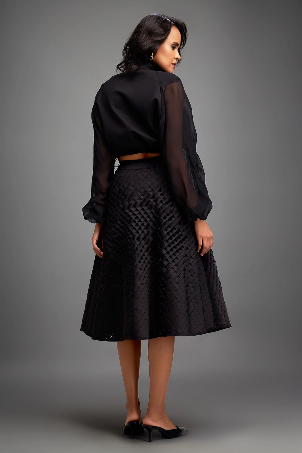 Black Cropped Jacket with 3D Textured A line Skirt