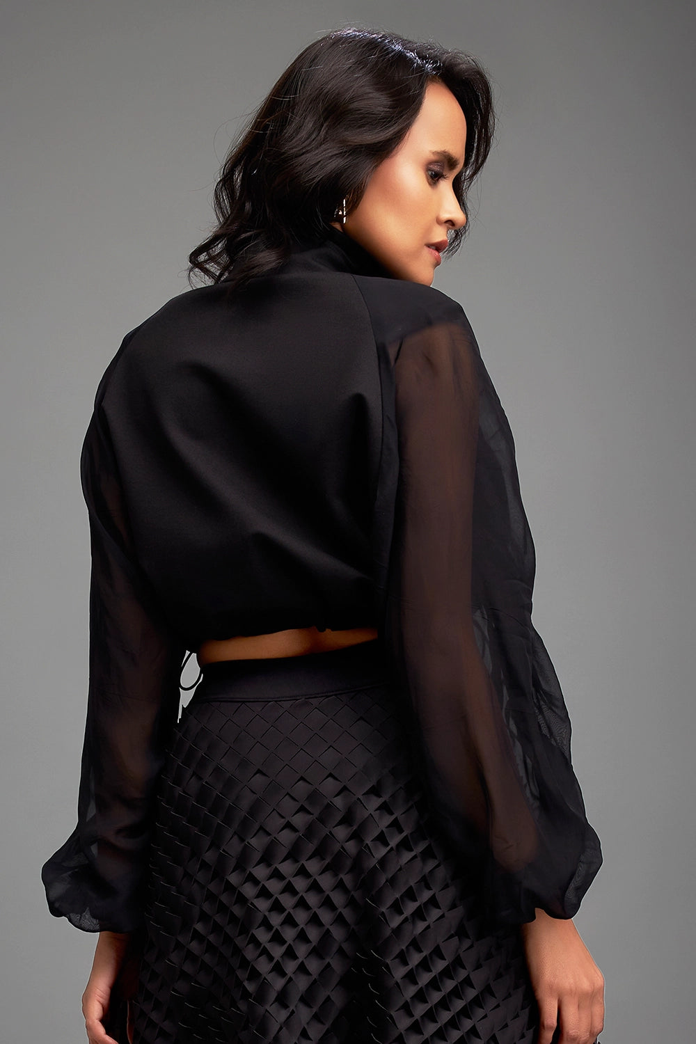 Cropped Bomber Black Jacket with Sheer Sleeves