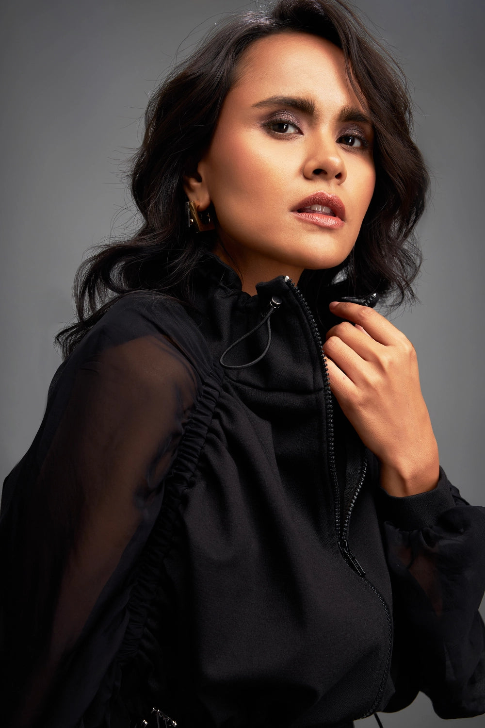 Cropped Bomber Black Jacket with Sheer Sleeves