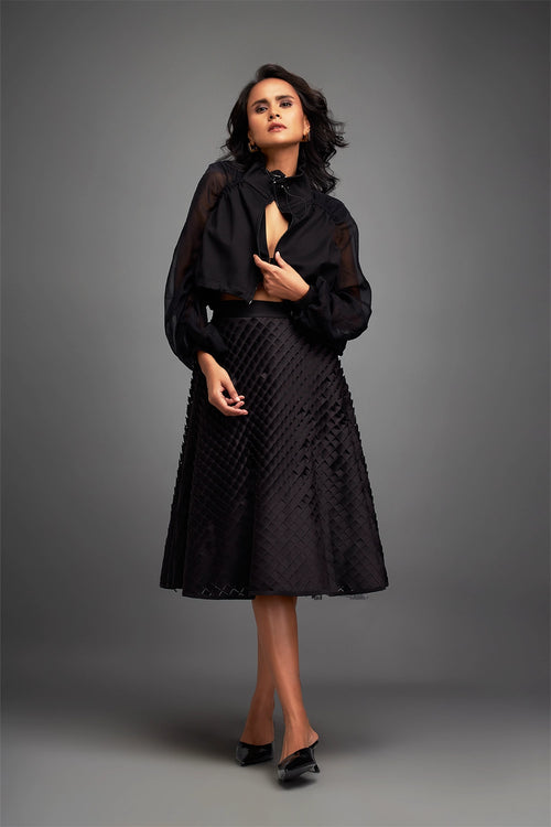 Black Cropped Jacket with 3D Textured A line Skirt