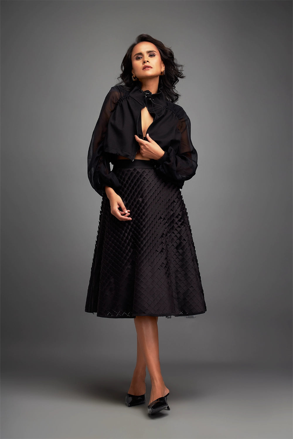 Black Cropped Jacket with 3D Textured A line Skirt