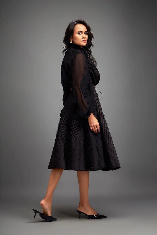 Black Cropped Jacket with 3D Textured A line Skirt