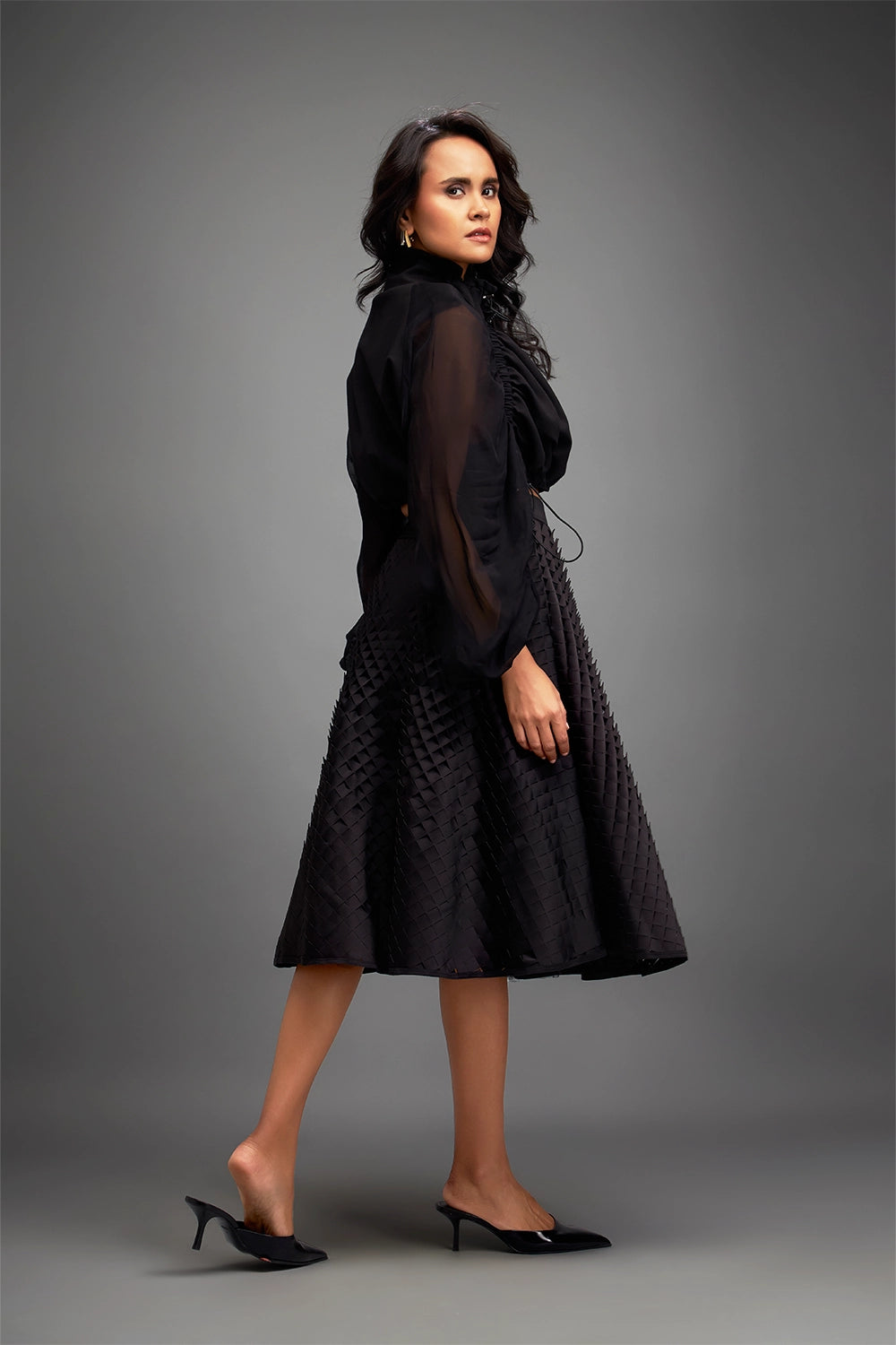Black Cropped Jacket with 3D Textured A line Skirt
